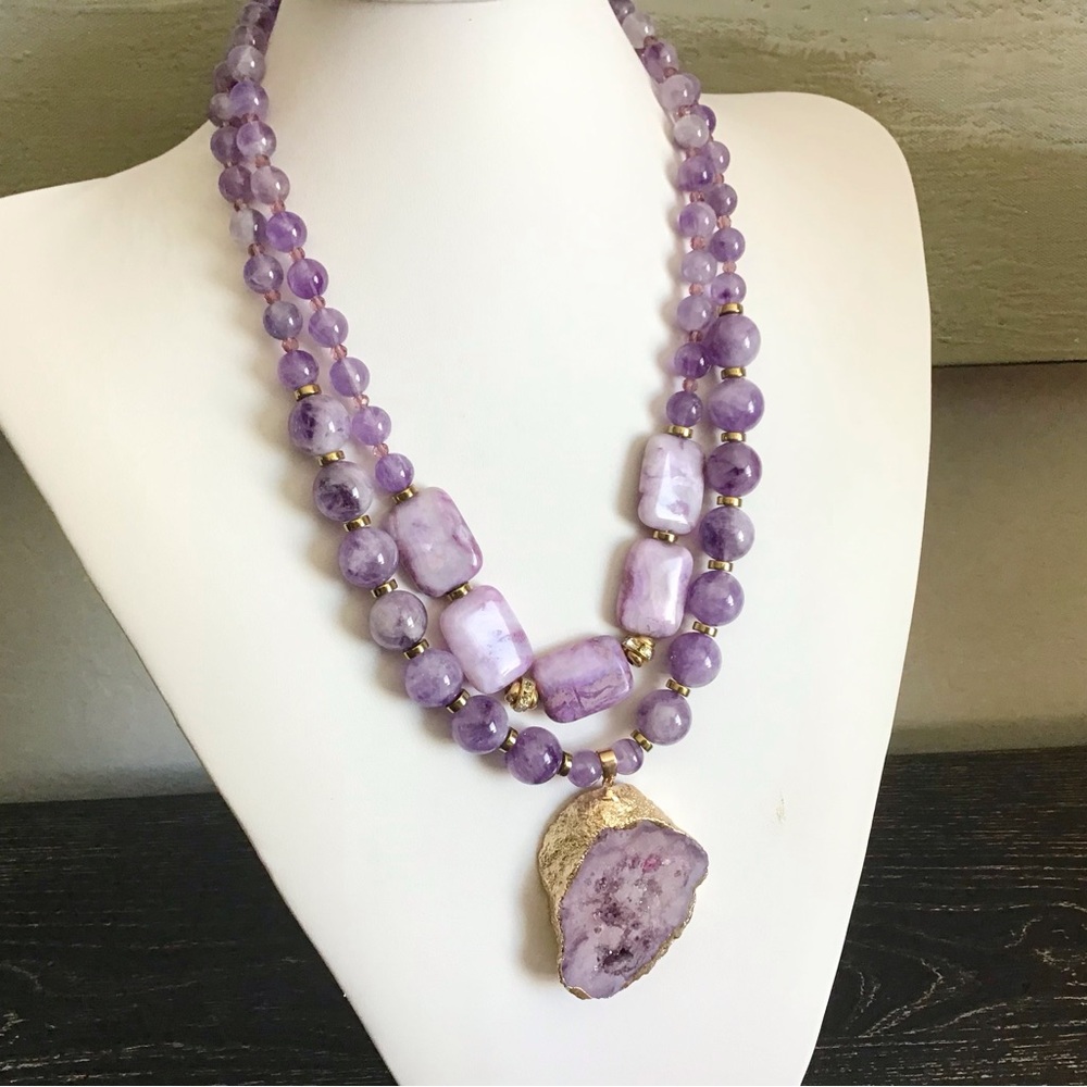 Amethyst Double Strand Pendant Necklace